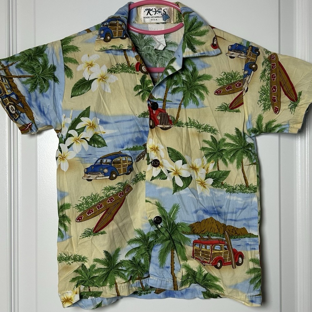 KY's Vintage Made in Hawaii Boys'‎ Woodie Wagon Surf Plumeria Print Aloha Shirt